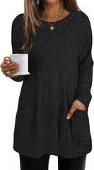 Long Sleeve Sweaters for Women Ribbed Knit Lightweight Sweater Crew Neck Loose Casual Pullover Tops with Pockets