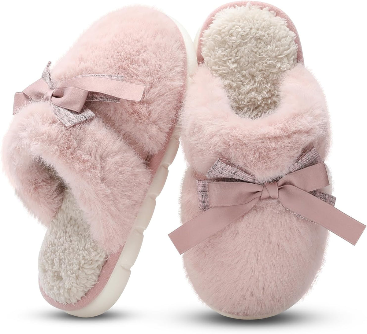 Cute Women's Memory Foam House Slippers - Fuzzy Plush Faux Fur Slippers with Bow Butterfly Tie - Anti-Skid Indoor/Outdoor Gifts for Women, Moms & Ladies