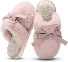 Cute Women's Memory Foam House Slippers - Fuzzy Plush Faux Fur Slippers with Bow Butterfly Tie - Anti-Skid Indoor/Outdoor Gifts for Women, Moms & Ladies