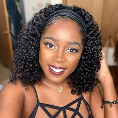 Rebasar Deep Wave Headband Wig Human Hair 14 Inch Curly Headband Wigs for Black Women Human Hair Glueless None Lace Front Wig Brazilian Virgin Hair Wear and Go Wigs 150% Density Natural Black Color