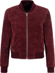 Women's Bomber Burgundy Suede Real Leather Jacket Short Body Fitted Style Jacket 6287