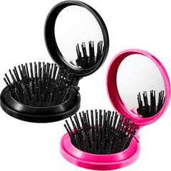 Boao 2 Pack Foldable Travel Mirror Hair Brushes Round Portable Folding Pocket Hair Brush Mini Comb Compact Travel Size Massage Comb for Men Women(Black)