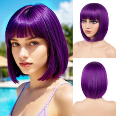 BATISI Hot Pink Bob Wig for Women Short Bob Wigs Straight Flat Bangs Synthetic Colorful Costume Cosplay Daily Party Neon Wig 12 Inch
