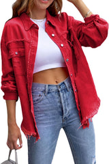Womens Denim Jacket Outwear Boyfriend Long Sleeve Button Down Distressed Jean Jacket Casual Cowboy Jacket