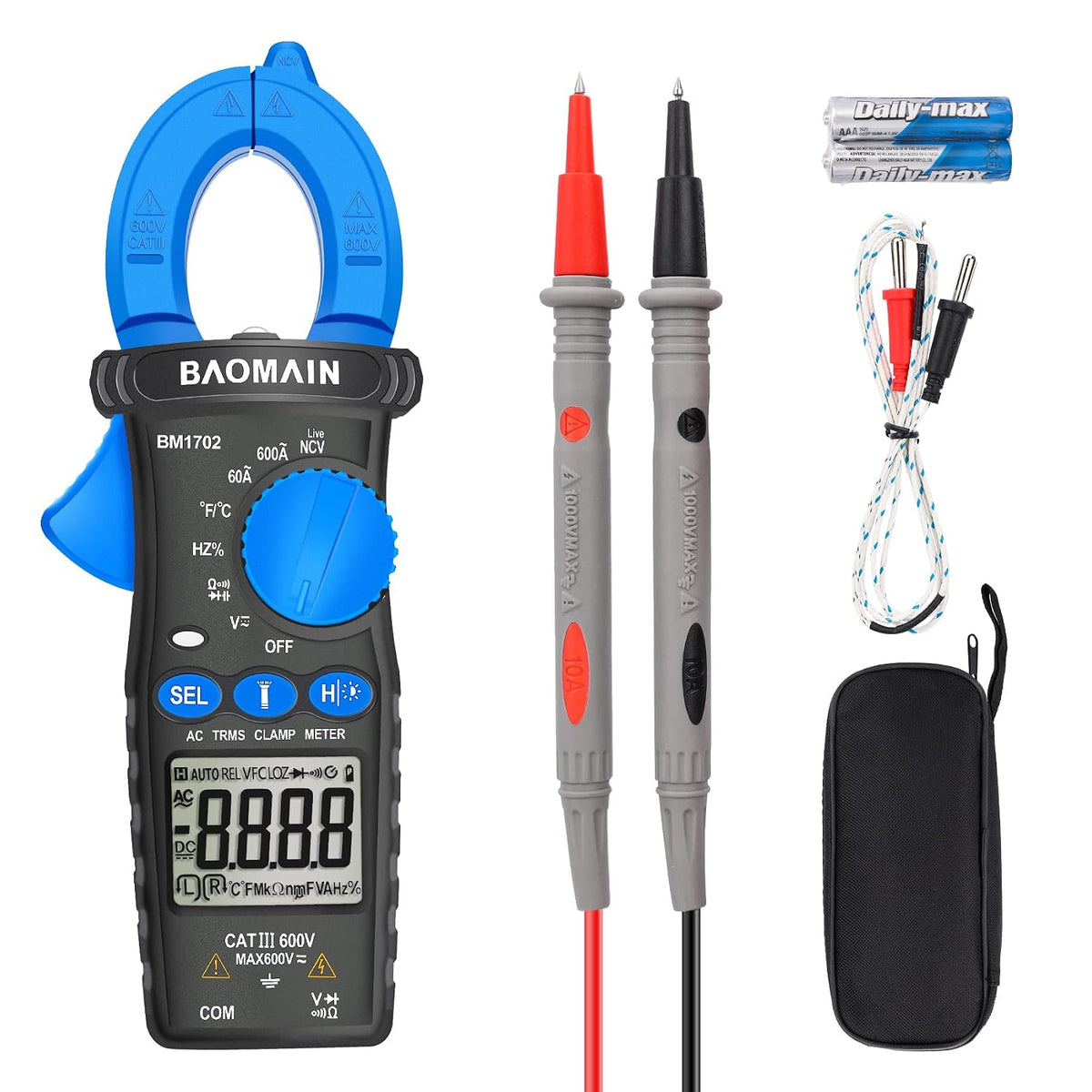 Baomain True RMS Clamp Meter 6000 Counts, AC Current (60A/600A), AC/DC Voltage, Temperature, Capacitance, Resistance, Frequency, NCV, Diode, Continuity Test,BM1702