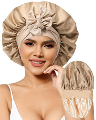Satin Bonnet for Women Silk Bonnets for Sleeping Curly Hair Bonnet with Elastic Tie Band Reversible Double Layer Sleep Cap Hair Wrap (Bean Paste + Pink)