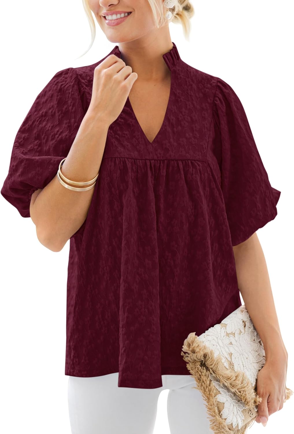 MASCOMODA Womens Summer Tops 2025 Ruffle V Neck Blouses Loose Puff Short Sleeve Jacquard Babydoll Tops Casual Dressy T-Shirts