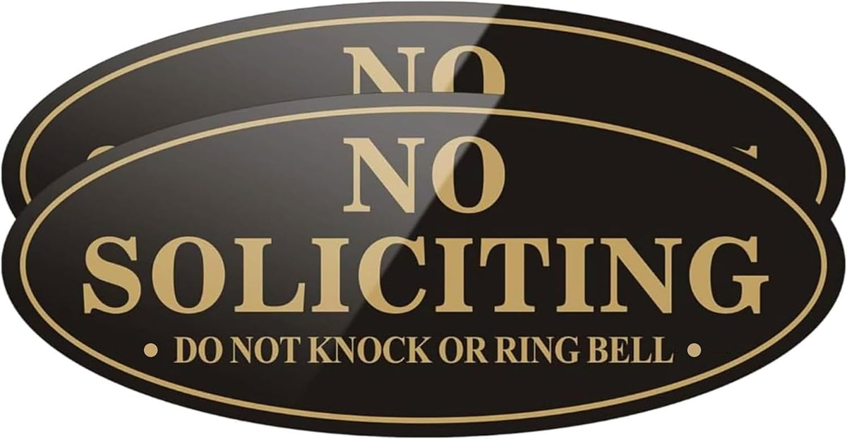 Set of 2 – No Soliciting Signs for House or Office, Self-Adhesive Metal-Plated Front Door Signs, Weatherproof (7” x 3”) (Brushed Nickle/Black)