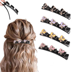 2 Pcs Sparkling Crystal Stone Braided Hair Clips, 2025 New Satin Fabric Hair Bands Rhinestone Four-Leaf Clover Hair Clip for Styling, Duck Bill Clips for Women Girls, Color D
