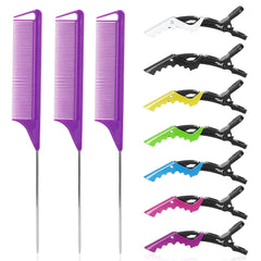 Rat Tail and Parting Combs with Styling Clips: 3 Metal Teasing Combs for Braids, 7 Professional Sectioning Hair Clips
