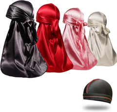 4PCS Silky Durags for Men Women 360 Waves with 1 Wave Cap, Silky Satin Durag Extra Long Tails