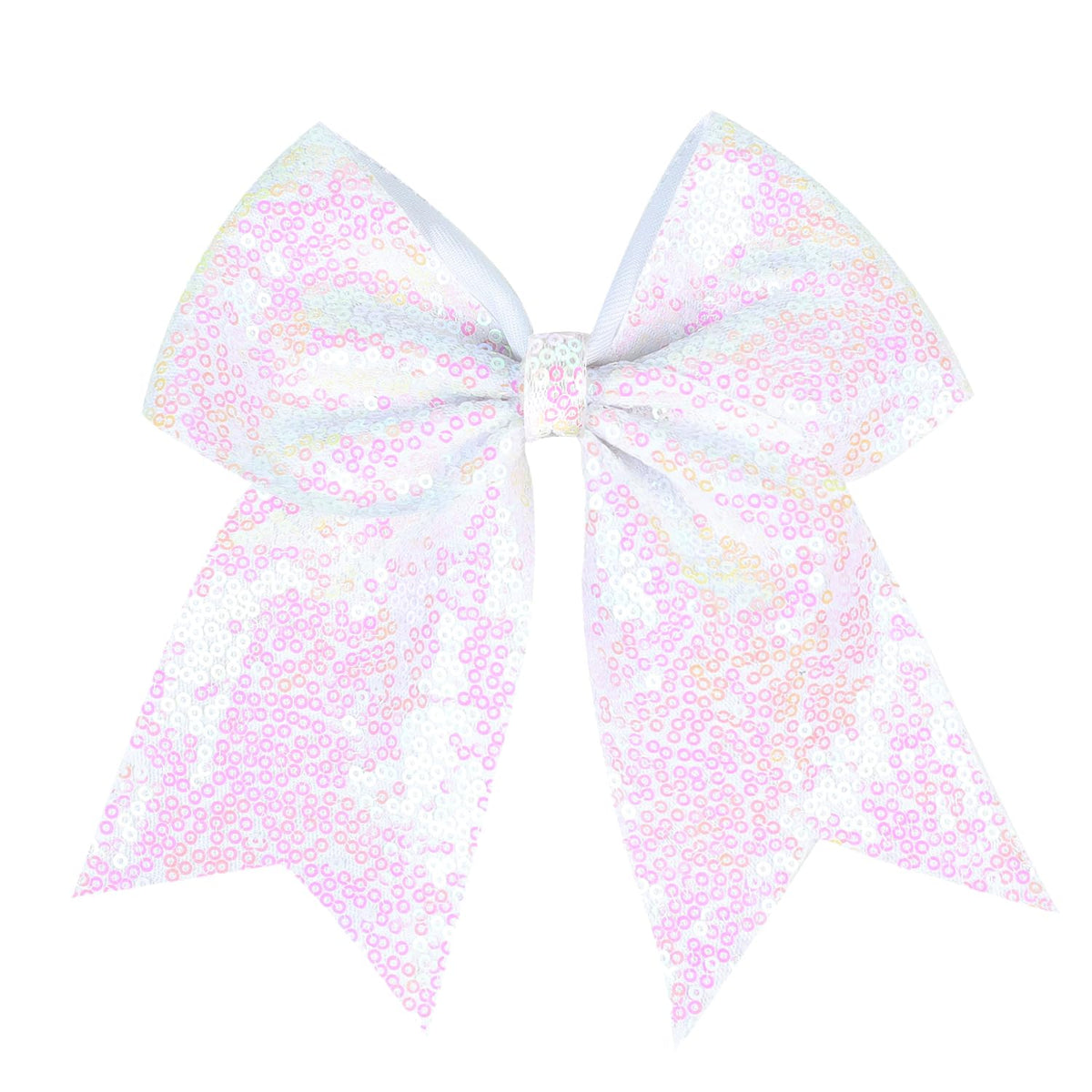 Jumbo Glitter Cheer Bow Clip - 7 Inch Large Cheerleading Sequin Hair Bow with Tails for Girls Teen Softball Cheerleader Outfit Uniform (Rainbow)
