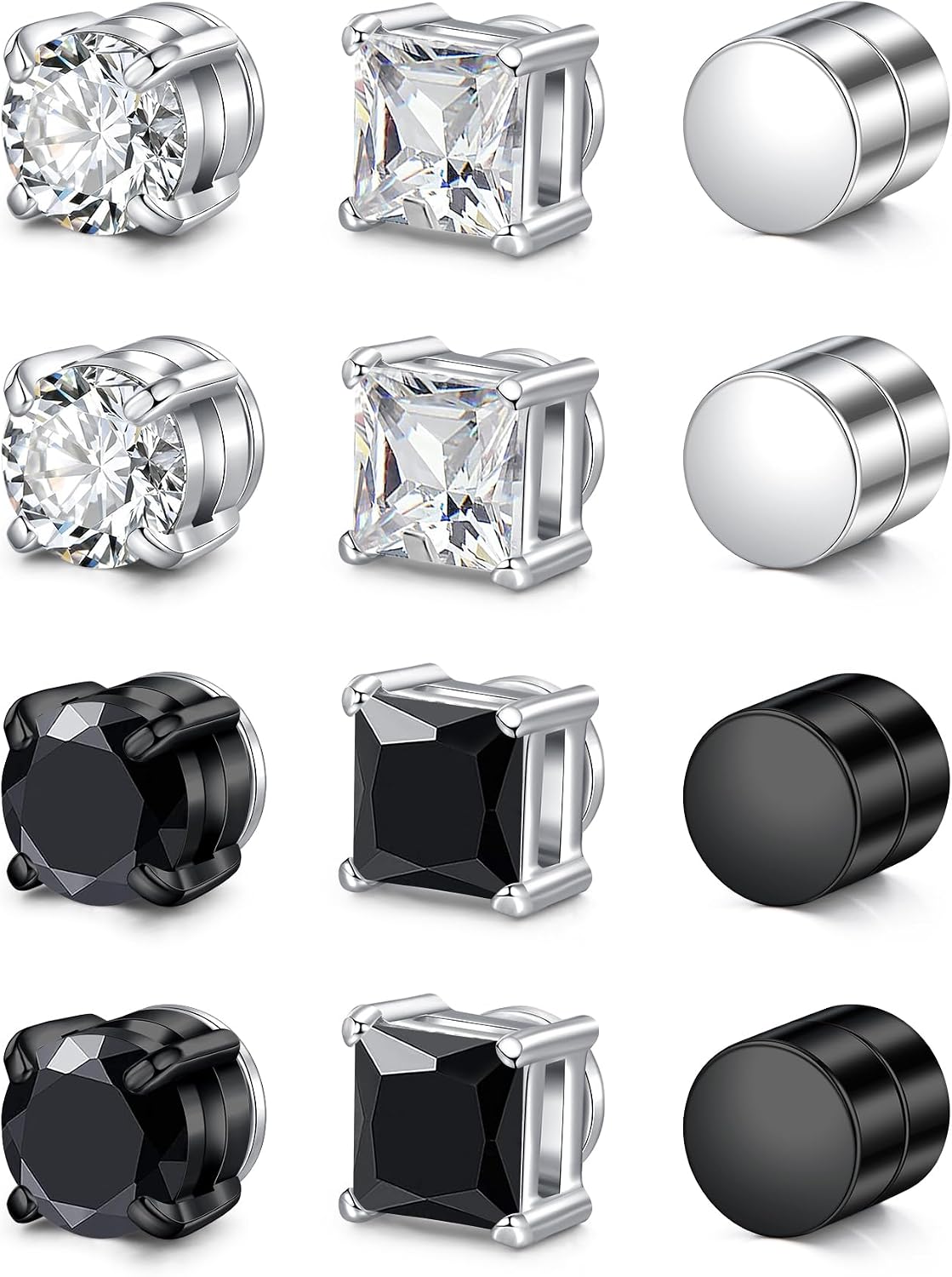 Men's Magnetic Stud Earrings - Non Piercing Fake Clip On Earring Stainless Steel Hypoallergenic Magnet Ear Rings for Men, Fashion Diamond Design, Silver/Black Styles