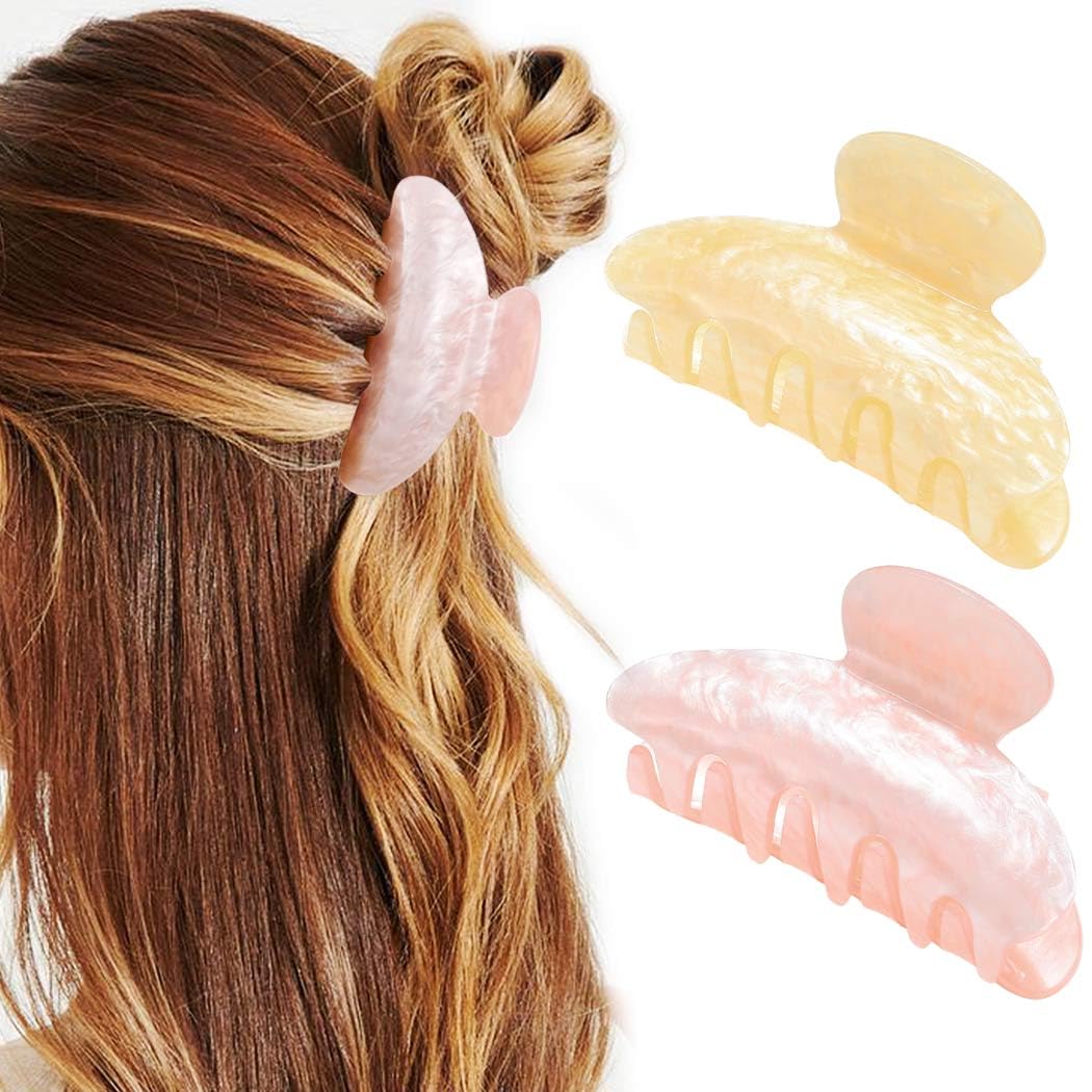 CAKURE Acrylic Claw Clips Pink Hair Clips Cute Hair Claw Barrettes Medium Nonslip Hair Claw Hair Accessories for Women and Girls (Pack of 2) (b-white&lake blue)