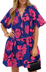Wenrine Women's Summer Button Down Shirt Dress Floral Puff Short Sleeve Casual Loose Fit Beach Mini Dresses