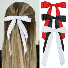 Hair Bows for Women - 3 Pcs Large Ribbon Hair Clips with Long Tail Tassels, Big Hair Barrettes for Girls (Black, Red, Beige)
