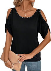 Verdusa Women's Cold Shoulder Beaded Blouse Top Elegant Summer Scoop Neck Dressy T Shirts Tops
