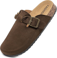 Women's Suede Clogs Mens Leather Mules Comfort Cork Footbed Sandals with Arch Support and Adjustable Buckle