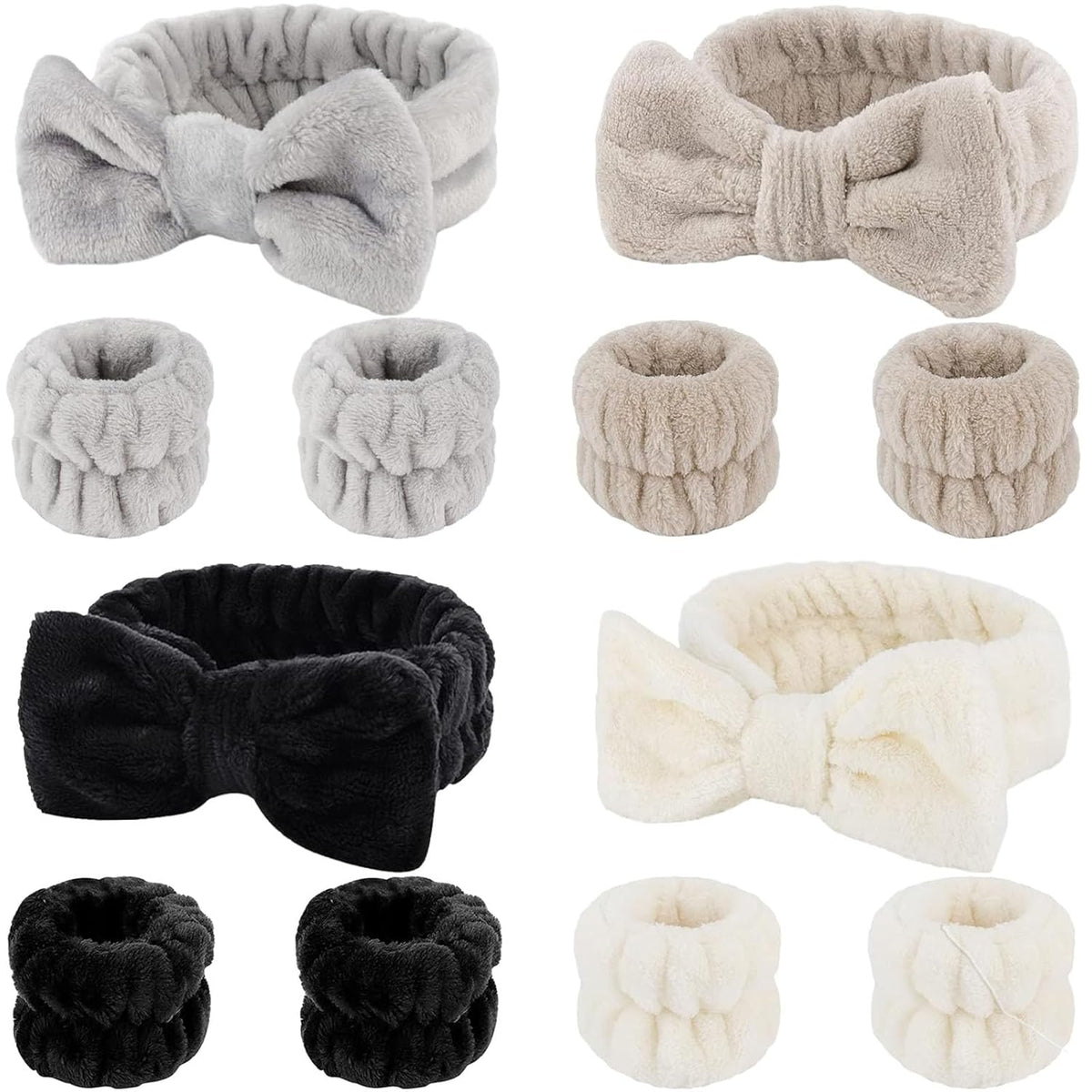 12 PCS Face Wash Headband Wristband Set for Women Girls, Soft Microfiber Facial Spa Hair Wraps Makeup Skincare Bath Headbands Wrist Bands for Washing Face（White, Pink, Gray, Black）