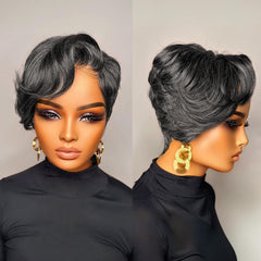 PangDongLai Pixie Cut Lace Front Human Hair Wigs 13x4x1 Lace Frontal Wigs Chic Elegent Short Curly Wigs Pixie Cut Curly Wig For Black Women 150% Density Natural Black Color