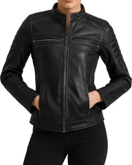 Cafe Racer Leather Jacket Women - Real Lambskin Motorcycle Genuine Leather Jacket Women