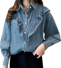 Denim Jacket for Women Women's Denim Shirt Loose Double Pocket Long Sleeved Versatile Casual Coat Jean Trucker