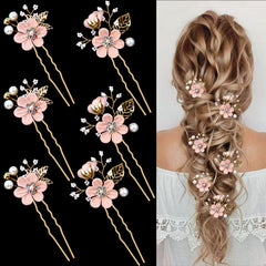6 Pieces Bridal Flower Wedding Hair Pins Crystal Pearl Hair Pins Clips Headpiece Gold Wedding Hair Accessories Jewelry with Rhinestone for Brides Bridesmaids Women Girls Updo (Special Cream Blue)