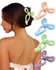 4 PCS Bow Hair Clips Bow Claw Clip for Women Nonslip Large Hair Claw Clips for Thin and Thick Hair Strong Hold Hair Bows (Black+Light Brown+Off-White+Dark Brown)