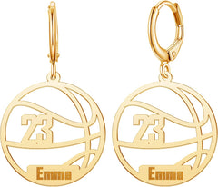 CharmSStory Womens Personalized Football/Soccer/Basketball/Volleyball/Baseball Earrings with Number Name Earrings Custom Nameplate Drop Earrings Customizable Name Jewelry Leverback Hoop Dangle Earring