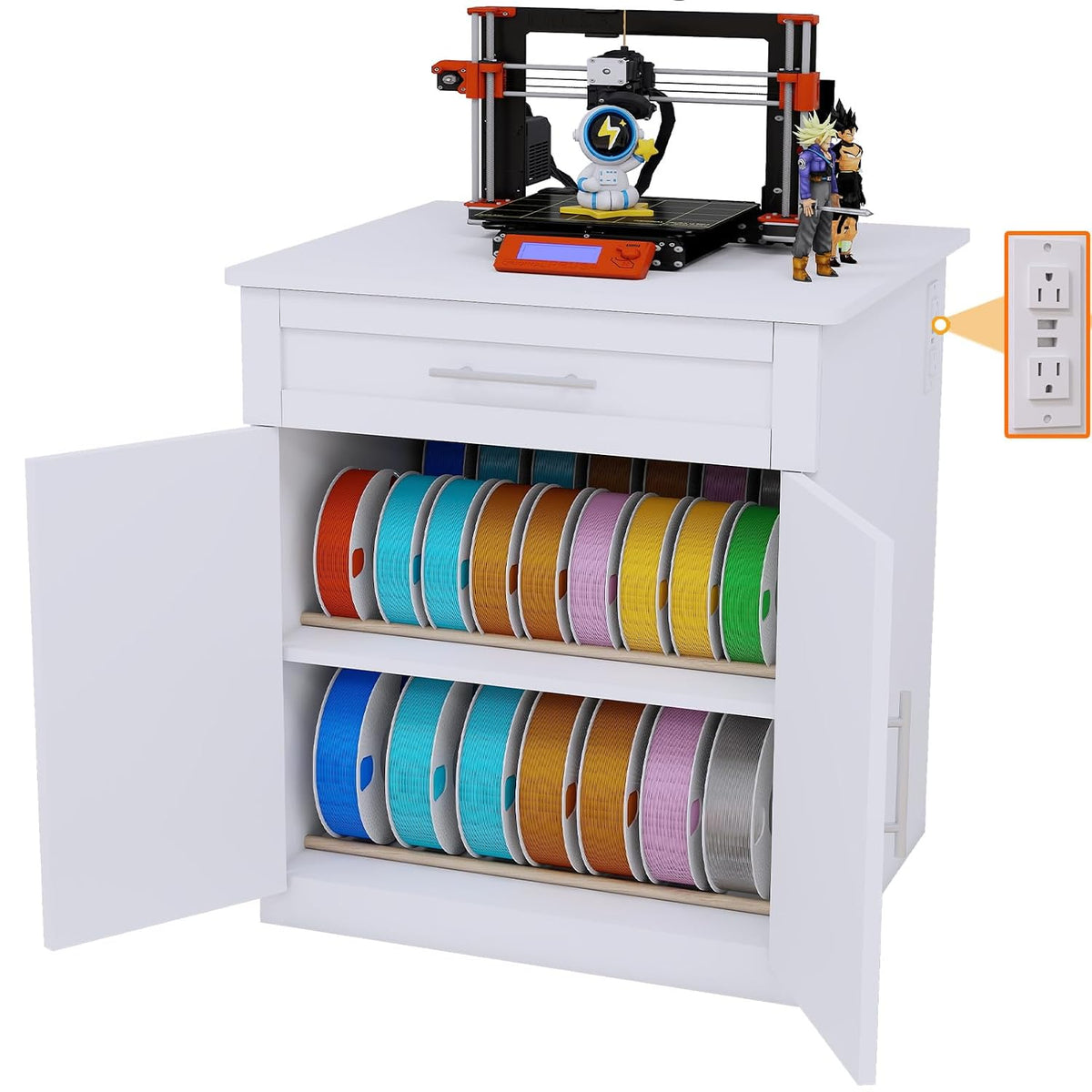 3D Printer Stand with Filament Storage, 3D Printer Table with Charge Station 3D Printer Cabinet Desk Drawer Doors Dustproof for Workshop Studio Office White