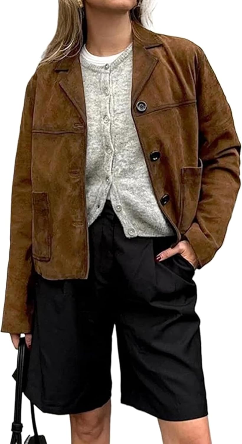 VCM Suede Jacket Women Y2k Outerwear Faux Leather Cropped Blazer Bomber Jacket Old Money Fall Fashion 2024 Trendy