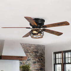 48" Antique Wooden 5-Blade Black Flush Mount Ceiling Fan with Light