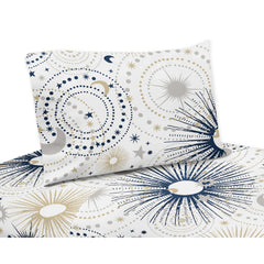 Star and Moon Collection 3-piece Twin Sheet Set - Navy Blue, Gold, and Grey Celestial Sky Stars Gender Neutral Unisex