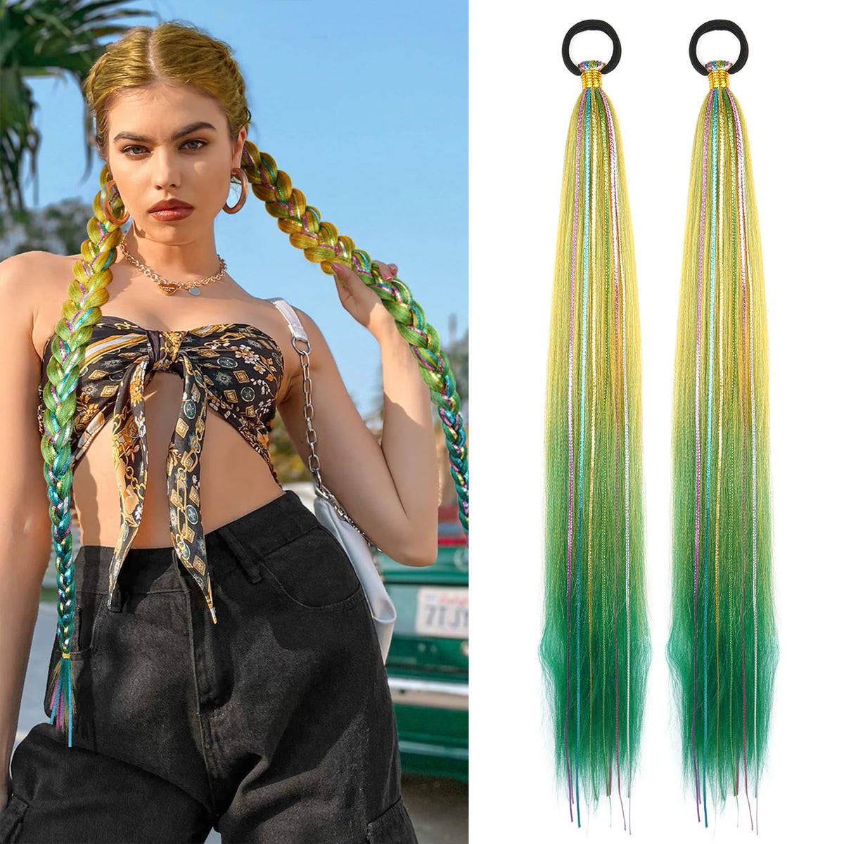 26 Inch Hair Tinsel Colored Braided Ponytail Extension 2 Pack Blue Pink Gradient Hair Extensions Ponytail with Elastic Tie Straight Sleek Wrap Around Hair Extensions for Braids