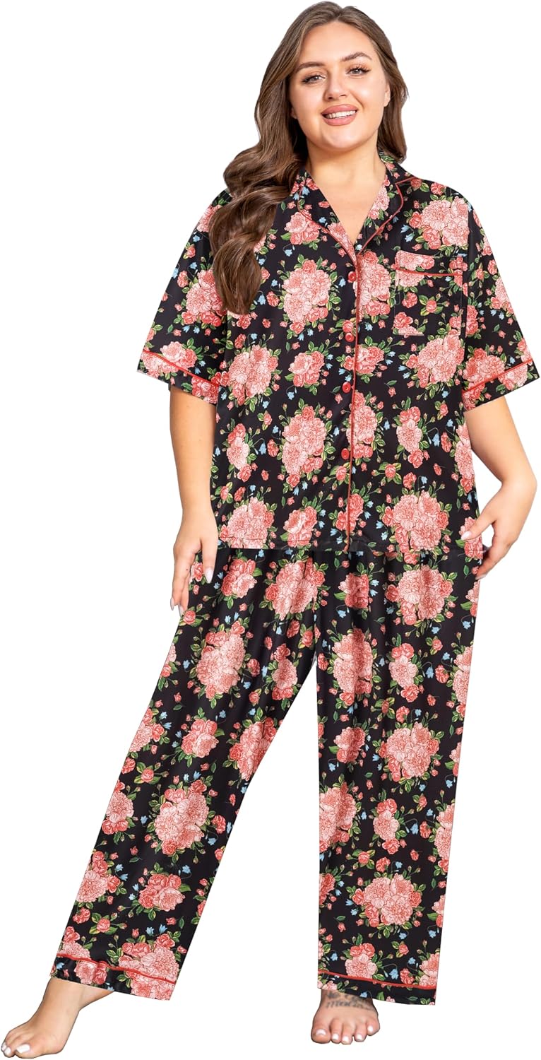 Vozanet Women's Pajamas Set Button Down Short Sleeve Shirt and Pants Soft Knit Polyester Lounge Sets Plus Size 1x to 5x