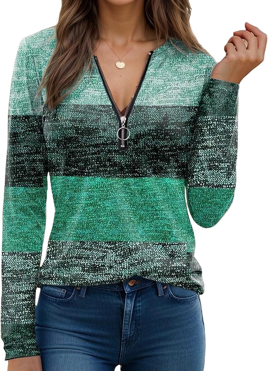 Women's Fall Quarter Zipper Striped Sweatshirts Long Sleeve Trendy Color Block Casual Tops Pullover
