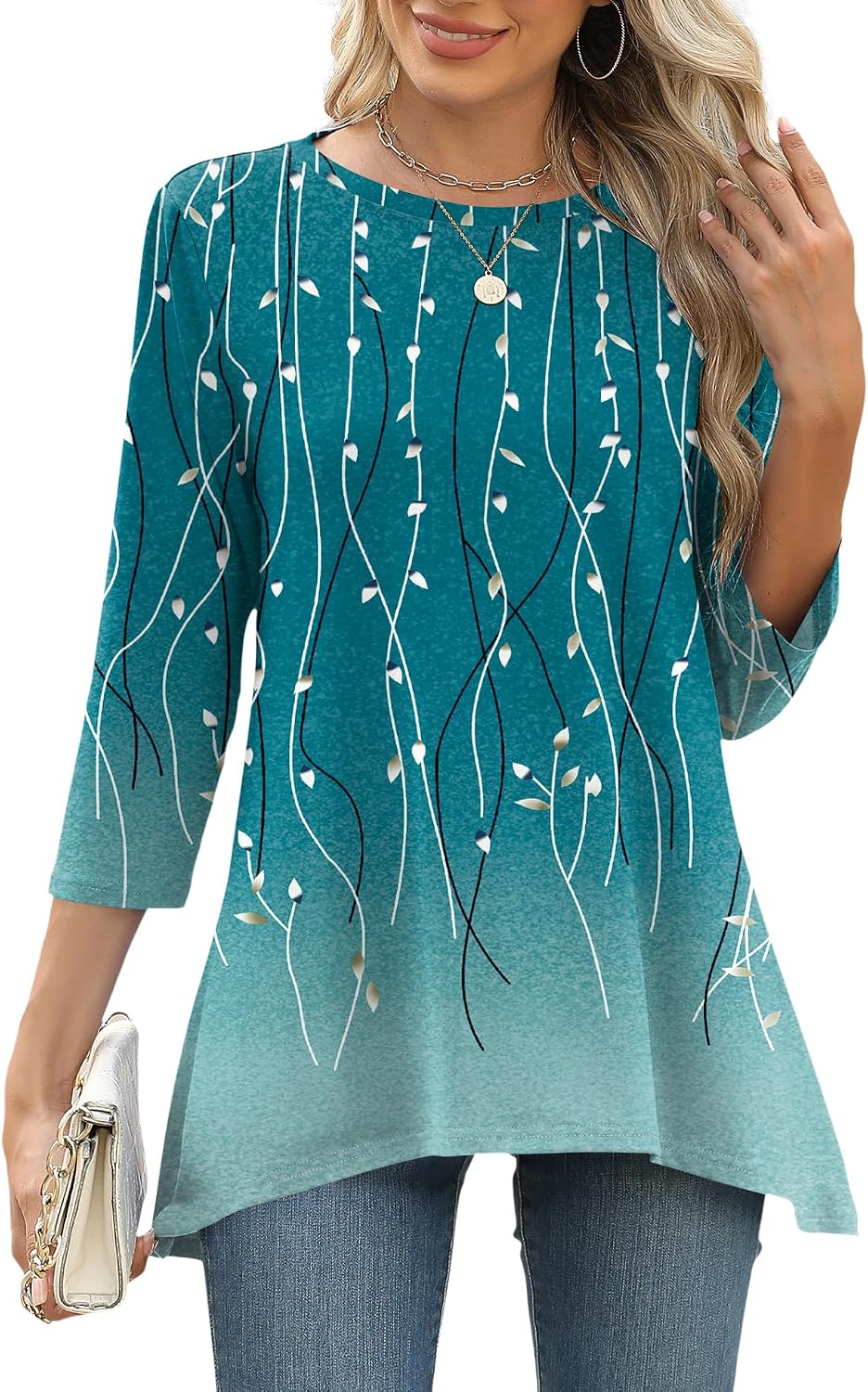 LOMON 3/4 Sleeve Tunic Tops for Women Loose Fit Dressy Casual Blouse Flowy Shirts to Wear with Leggings S-3XL