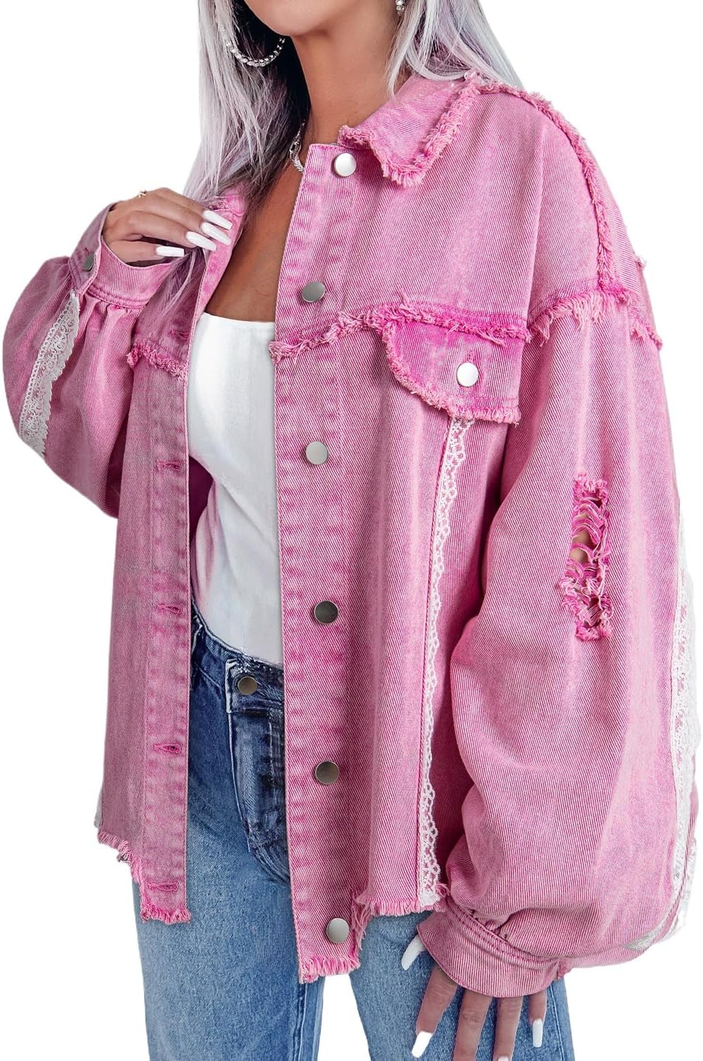 Women's Pink Lace Patchwork Distressed Denim Jacket