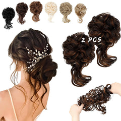 2PCS Messy Bun Hair Piece Tousled Updo with Tendrils Wavy Curly Hair Bun Scrunchies Ponytail Extension Elastic Band Hairpieces For Women (Light Brown mix Ash Blonde)