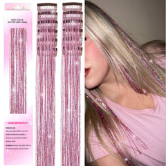 Hair Tinsel Clip in 12Pcs Pink Tinsel Hair Extensions, Clip in Hair Tinsel Fairy Glitter Hair Tinsel Kit Heat Resistant Sparkly Hair Accessories for Girls Women Kids (PINK)