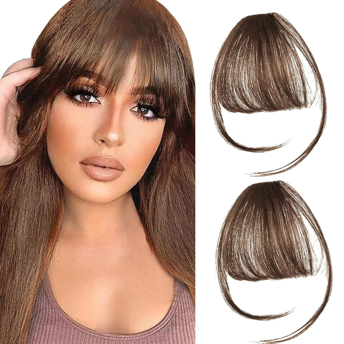 2PCS Clip in Bangs Real Human Hair,Fake Bangs Hair Clip on Bangs for Women,Curved Wispy Bangs with Temples Hairpieces,Bangs Clip in Hair Extensions Air Fringe for Girls Daily Wear - Natural Black