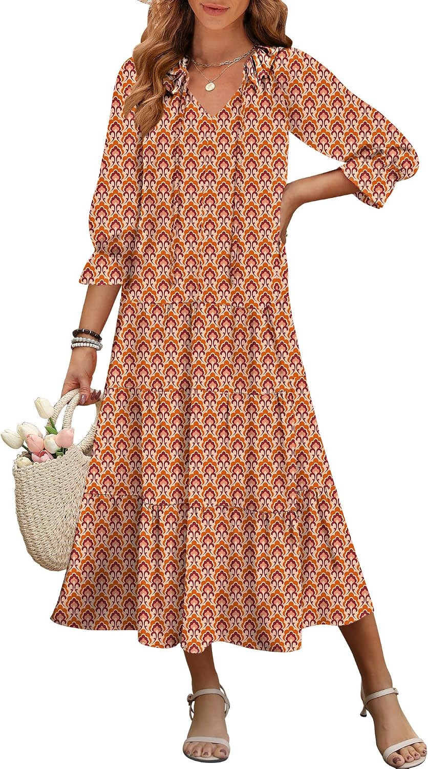ANRABESS Women's Boho Maxi Dresses 2025 Summer Casual V Neck Puff Sleeve Floral Tiered Flowy Swing Beach Vacation Long Dress