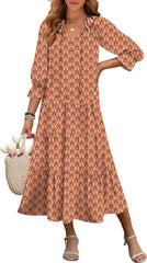 ANRABESS Women's Boho Maxi Dresses 2025 Summer Casual V Neck Puff Sleeve Floral Tiered Flowy Swing Beach Vacation Long Dress