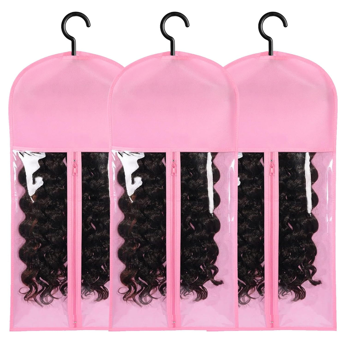 3PCS Hair Extension Holder Wig Storage Bags with Hanger Wig Holder for Multiple Wigs Hanger Dust-proof Storage Organizer with Hook Hair Extensions, wigs & accessories (Black)
