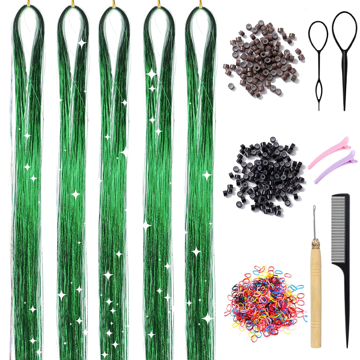 Hair Tinsel Kit with Tools 48 Inch 1200 Strands Colorful Tinsel Hair Extensions Fairy Hair Tinsel Kit Heat Resistant Sparkling Glitter Tensile Hair Accessories for Girls Women Kids