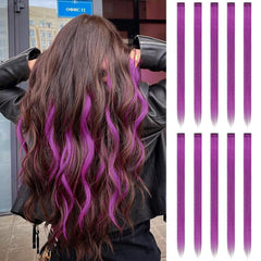 FESHFEN Colored Clip in Hair Extensions - 10 PCS Pink Highlighted Hair Piece Straight Synthetic Clip in Hairpieces for Women 22 inch