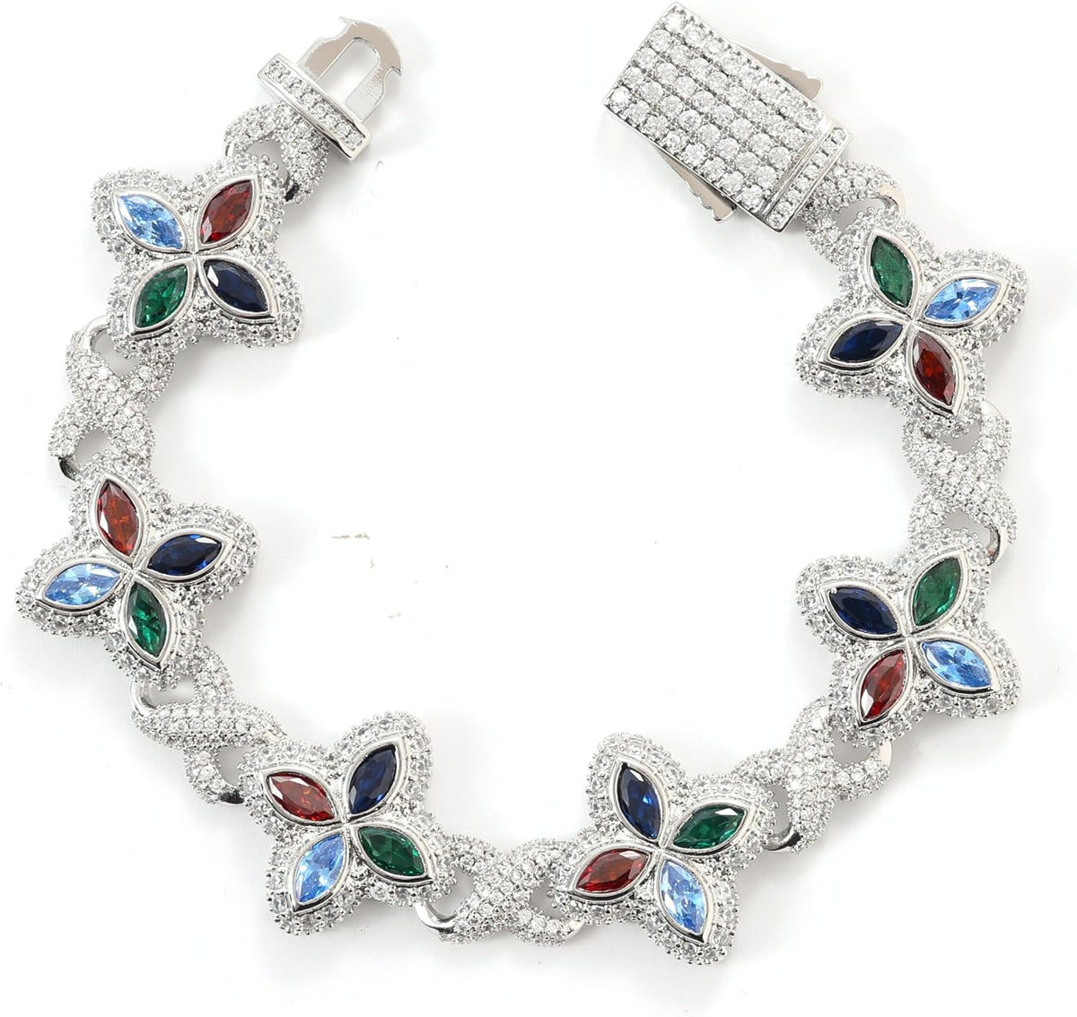 Lulu Mel Cross Infinity Charm Cuban Chain Bracelet for Men Women, Iced Out Silver Colorful Prong Setting 5A Cubic Zirconia Diamond Fashion Four-Leaf Cuban Bracelet for Rapper Gift