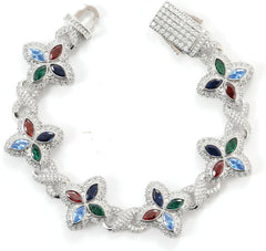 Lulu Mel Cross Infinity Charm Cuban Chain Bracelet for Men Women, Iced Out Silver Colorful Prong Setting 5A Cubic Zirconia Diamond Fashion Four-Leaf Cuban Bracelet for Rapper Gift