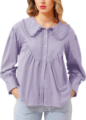 Women Long Sleeve Button Down Shirt Lace Peter Pan Collar Shirt Cotton Lantern Sleeve Ruffle Babydoll Blouse Tops