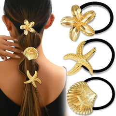 3PCS Gold Hair Ties, Metal Hair Ties for Thick Hair, Elegant Durable Geometric Design, Gold Hair Accessories Stretchy and Non-Damage Ponytail Cuff Holders, 3 Styles in Box Holiday Gifts